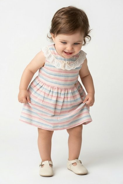 Baby Girl Birthday Party Wedding Dress Short Sleeve Sleeveless Striped Lace Collar