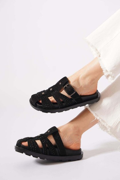 Denam caged stone genuine leather women's slipper black