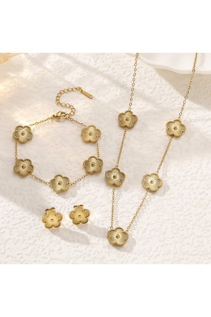 Set Bijuterii Dama din Inox Premium, Colier, Bratara si Cercei, Model in Forma de Trifoi, Texturat, Placat cu Aur 18K,