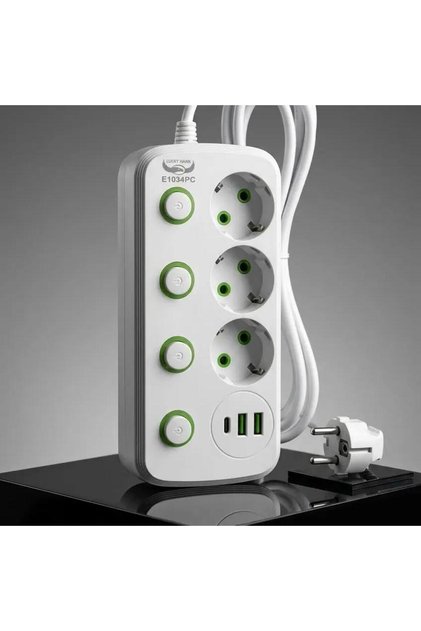 Prelungitor multifuncțional, cablu de cupru, cu USB și USB-C, 3 prize, 4 întrerupătoare individuale, protecție la supratensiune, cablu de 2 metri, alb