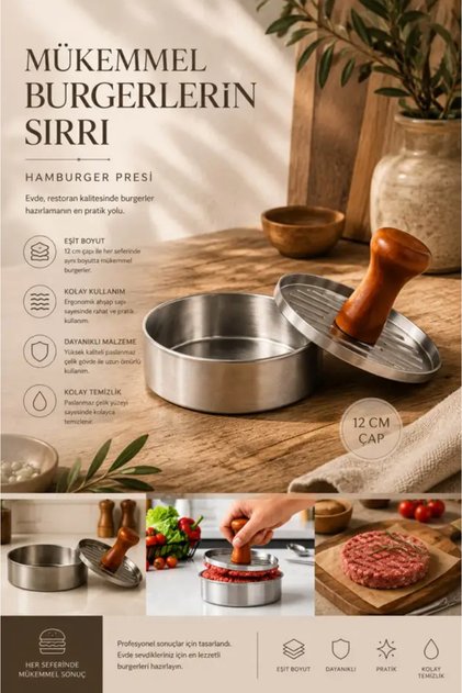 12 cm Stainless Steel Hamburger Press Meatball Burger Shaper with Wooden Handle - 1 Pc