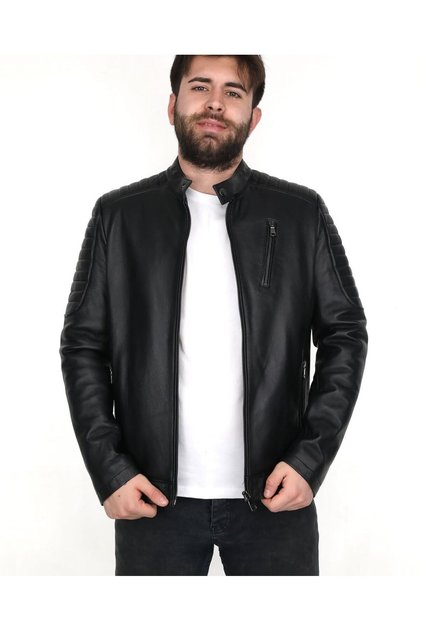 100% Genuine Lambskin Puntolled Men's Black Coat with Stylish Collar