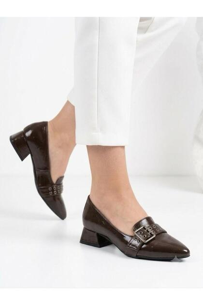 Women's Brown Thick Heel Comfortable Fit Heeled Ballerina Shoes