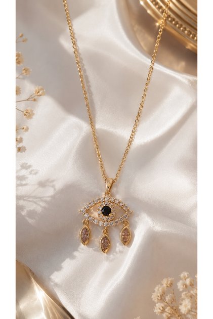 Nazar Sallantılı Uçlu Göz Çelik Kolye (Gold Renk)