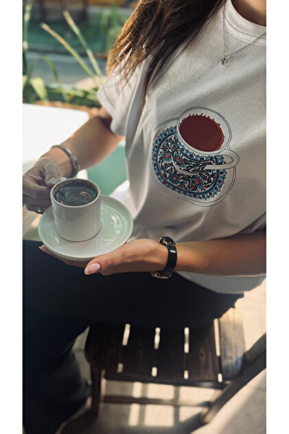 Turkish Coffee Cup Printed White Crew Neck Cotton T-Shirt