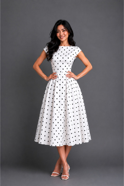 Rochie de seară cu decolteu bărcuță și model cu buline pentru femei