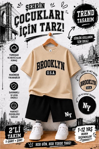 Brooklyn Printed Kids' Set – T-Shirt & Shorts 2-Piece Combination | Trendy Summer Set for Ages 1-12