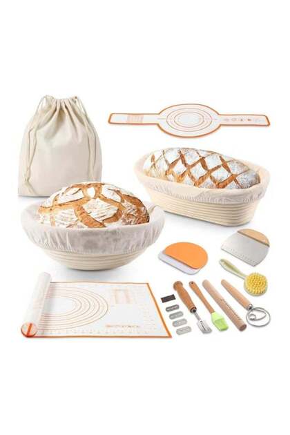 Bread Proofing Basket Set, 2 Banneton with Liner & Linen Mat for Sourdough Starter
