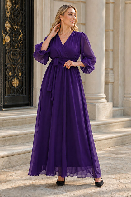 purple dress white collar IŞILTI Women's Double-Breasted Collar Chiffon Long Sleeve Glittering  Elegant Stylish Purple Evening Dress Event Dress- Trendyol
