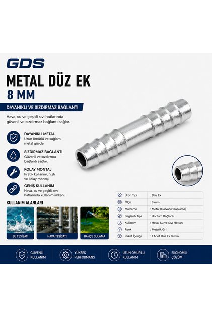 GDS 8 mm Metal Düz Ek Hortum Bağlantı Parçası Galvaniz