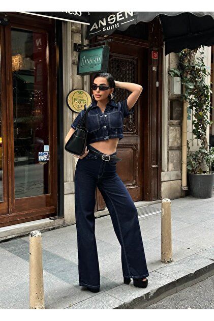 Navy Blue Short Sleeve Crop Denim Set