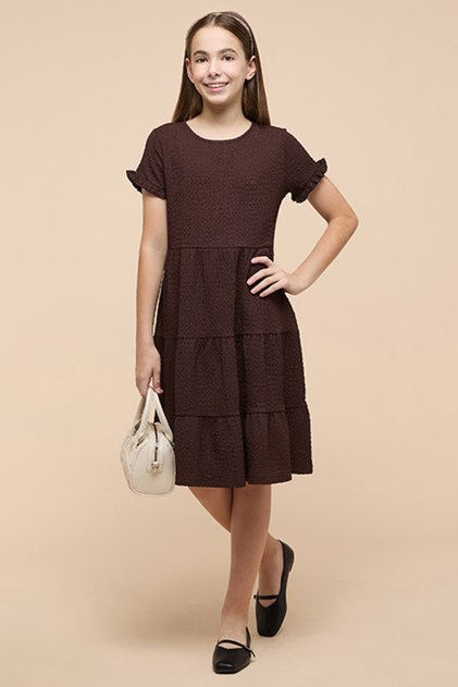 Textured Tiered Dress with Square Neck and Short Sleeves