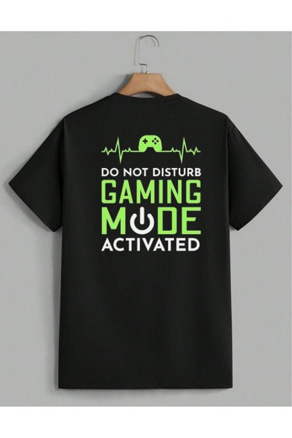 Black Unisex Gaming Mode Themed Standard Fit Regular Fit Cotton Crew Neck Computer Game Console Illustrated Front and Back Patterned Gamer Tshirt