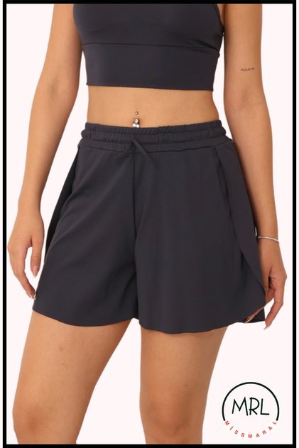Women's Black/Black Shorts Form Bikini Bottom with Pockets, Elastic Laces and Side Slits