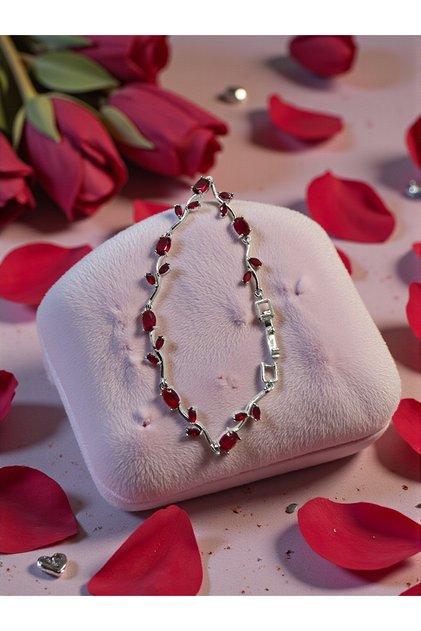 Silver Color Red Zircon Stone Ivy Leaf Design Steel Bracelet - Tarnish Resistant - 20cm