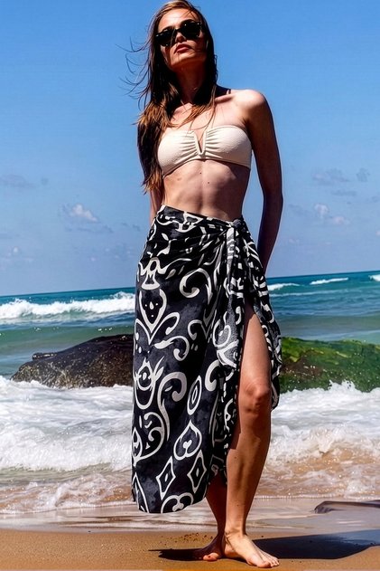 Exve Exclusive Black Gray Anthracite Geometric Patterned Viscose Sea Pareo Shawl Beach Skirt Multi-Purpose Summer Sarong Dress