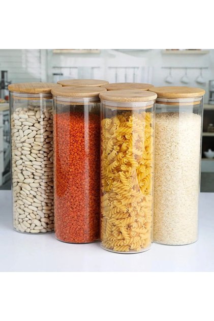 6 X 1300 ml Storage Jar, Round with Bamboo Lid, Airtight Storage Container