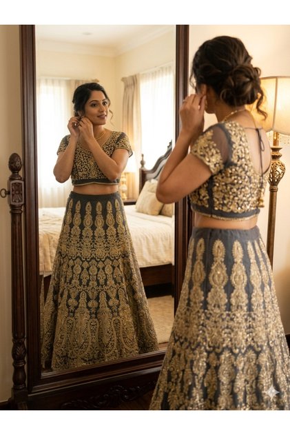 Wedding Dress Indian Lehenga Choli Set Navy Blue Embroidered