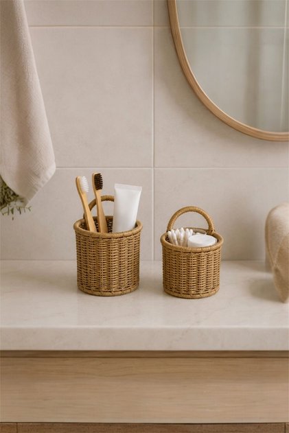 Favorite 9205 Rattan 2-Size Basket with Handles, Spoon Holder, Hangable Decorative Flower Pot, Set of 2 Flower Pot Baskets with Handles