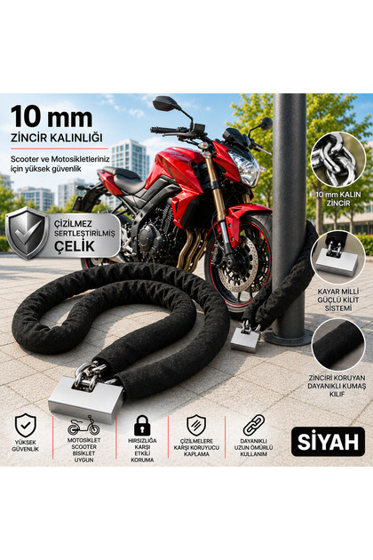 10 mm 1,5 Metre Kesilmez Motosiklet Zinciri Motor Kilidi Scooter Güvenlik Kilidi Siyah