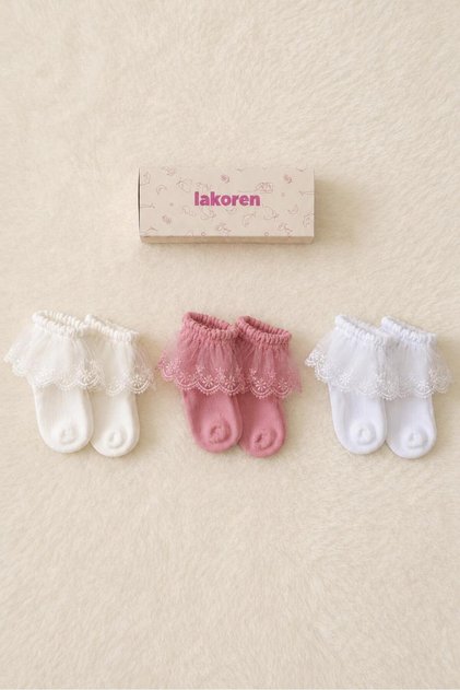Organic Cotton Premium 3-Piece Baby Pleated Socks / Washable / Seamless