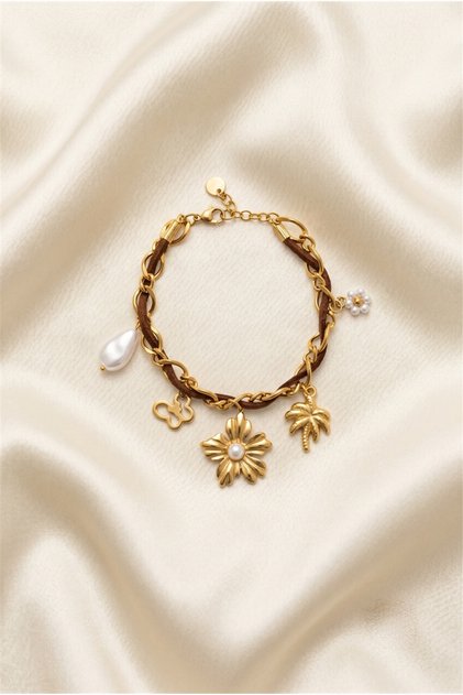 Gold Color Steel Bracelet with Brown Rope Detail and Flower Figure