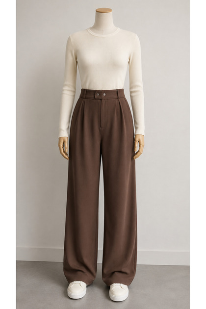 Women's Crepe Fabric Pleated Wide Leg Pants