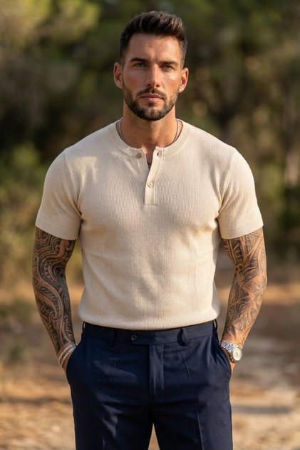 Men's Summer Knitwear Half Part Collar Buttoned T-Shirt