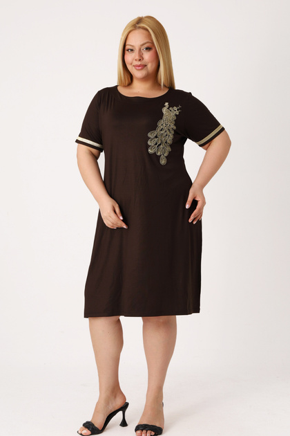 Women's Brown Plus Size Short Sleeve Embroidery Detailed Dress