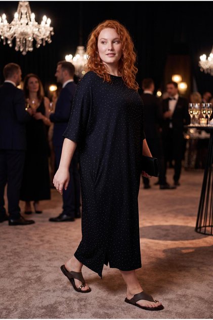 Women's Plus Size Sho Fabric Stone Printed Bat Black Dress