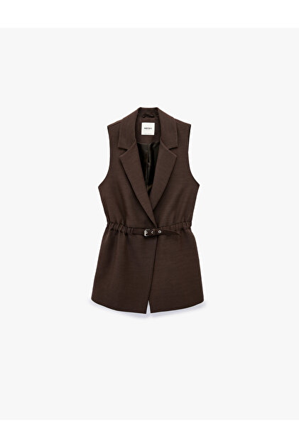 Viscose Blended Belted Double Breasted Collared Sleeveless Long Vest