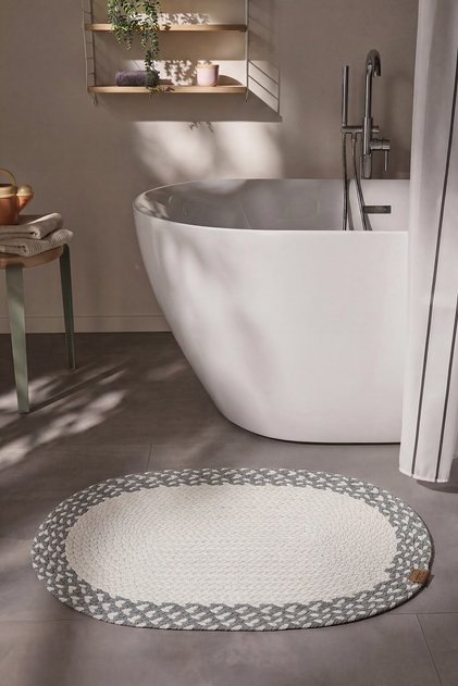 Glenn Cream Oval Bath Mat Washable Hand Woven Knitted Lavatory Front Toilet Front Shower Front Bohemian Mat