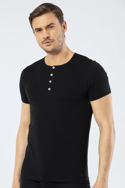 Men's Lycra Crew Neck Buttoned T-Shirt, 95% Cotton, 5% Elastane