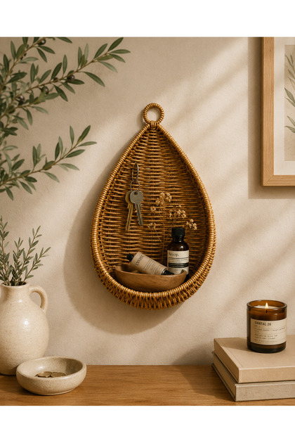 Orta Boy Asılabilir Hasır Rattan Sepet Organizer Düzenleyici Dekoratif Sepet 38*24cm