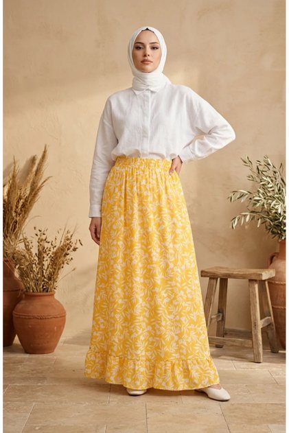 Elastic Waist Leaf Patterned Skirt 0307-03 Yellow