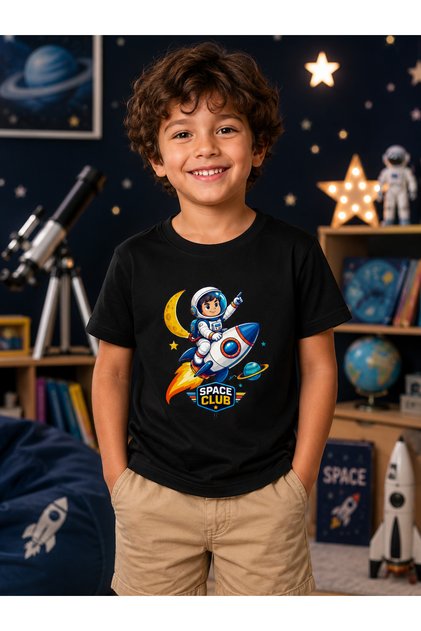 Children's Rocket Astronaut Printed Short Sleeve Crew Neck T-Shirt