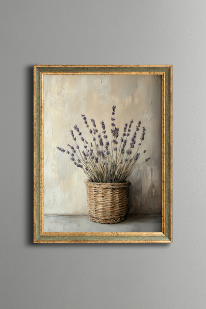 Lavender Flowers in Wicker Basket - Vintage Patterned Frame - Slim Model