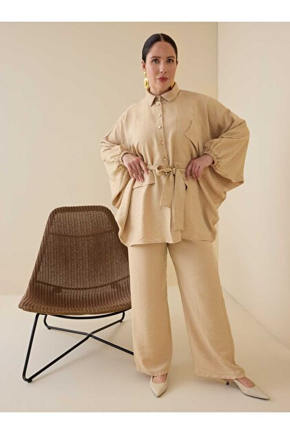 Batwing Sleeve Shirt Detailed Plus Size Set - Cream -
