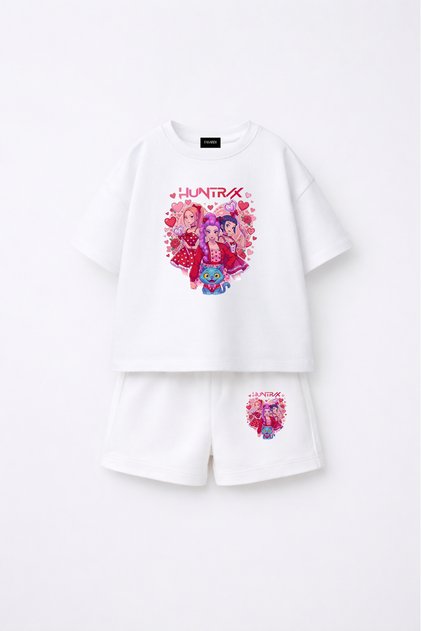 Kpop Demon Hunters Huntrix Zoey Rumi Mira Printed Oversize 100% Cotton T-Shirt Shorts Kids Set
