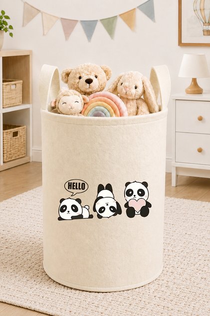 Triple Panda Heart Printed Toy Basket 50X40 cm Baby and Children's Room Cream Felt Organizer Basket