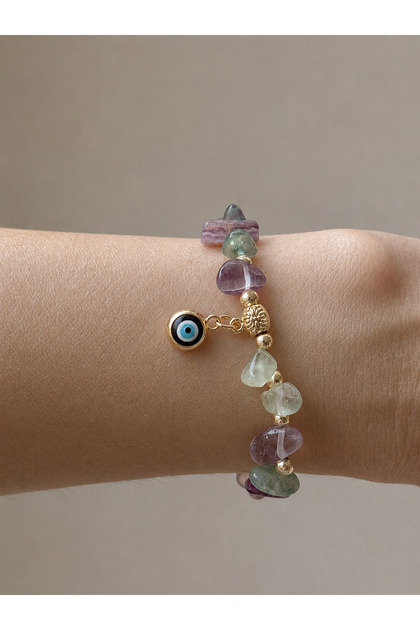 Natural Stone Cracked Stone Beaded Gold Color Detailed Bracelet, Evil Eye Beaded Elastic Bracelet