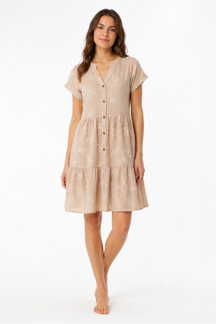Organic Cotton Beige Floral Patterned Buttoned Mini Women's Dress with Flounce Detail