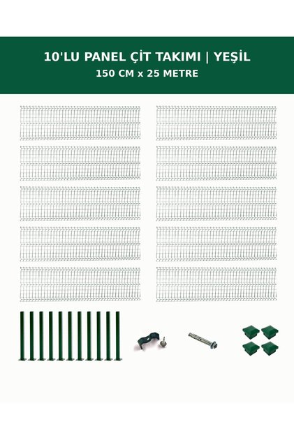 10'lu Panel Çit Takım + 1 Direk 25 Metre 150cm Yükseklik Yeşil Renk