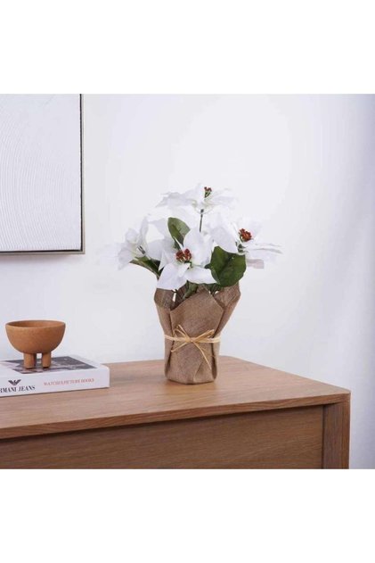 Artificial Euphorbia Pulcherrima In Brown Flax Bag 31.12x28.58x38.74cm - White