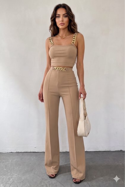 New Season Women's Chain Strap Crop Imported Crepe Blouse and Trousers Two-Piece Set