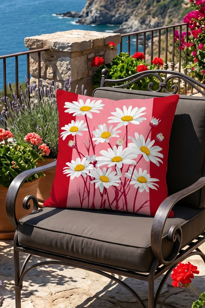 Daisy Patterned Decorative Throw Pillow Cover 43X43 cm Double Sided Pink Background with Red Edges