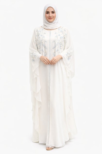 Elegant White Embroidered Butterfly Sleeve Abaya with Matching Hijab
