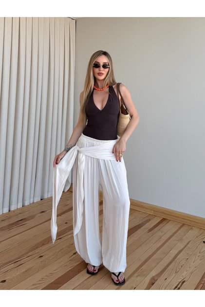 Ecru Belted Shalwar Trousers - 40601