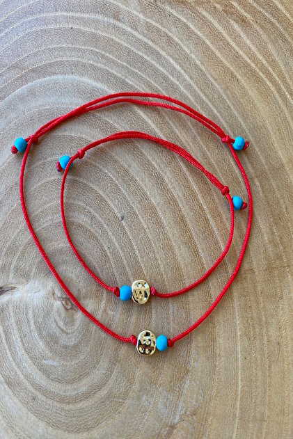 2-Piece Gold Object Blue Bead Adjustable Red String Bracelet and Anklet