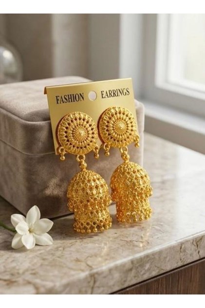 Elegant Ethnic Golden Jhumka Earrings – Traditional Matt Gold Plated Round Stud Layered Jhumki Drop Earrings for Women and Girls